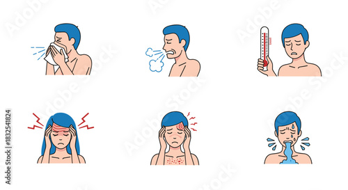 A set of illustrations showing common symptoms of a cold, flu, or allergy, including sneezing, coughing, fever, headache, and vomiting.