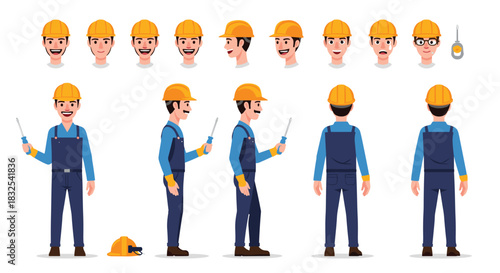A male electrician or construction worker character creation set with various poses, facial expressions, and different views for animation.