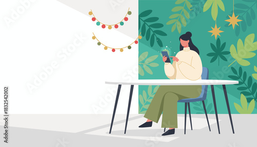 Woman using a tablet at a modern cafe or home surrounded by lush green decor Digital lifestyle