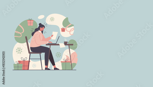 Woman working remotely on a laptop surrounded by holiday gifts and winter snowflakes