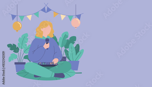 Casual woman records music or podcast using a microphone and controller surrounded by plants