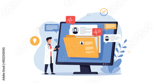 A doctor accessing electronic health records on a tablet, with a large computer screen showing patient data folders and medical information.