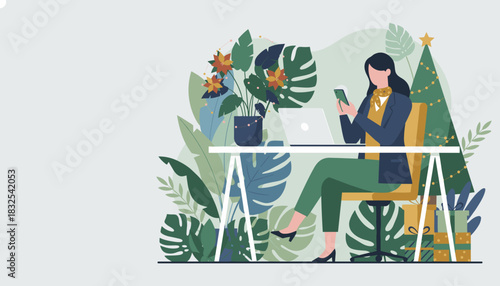 Woman working remotely during the holiday season in a vibrant office with tropical plants and Christmas decor