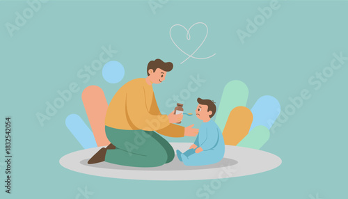Loving father administers medicine to a sick child Health and family care concept illustration
