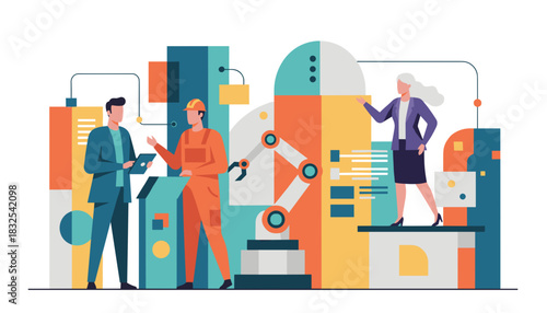 Team of professionals managing industrial automation and modern manufacturing technology