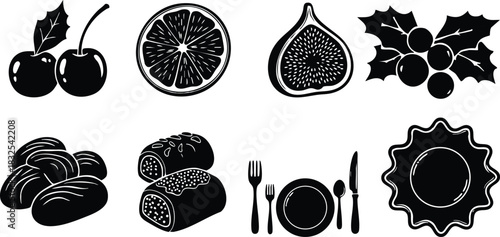 Black silhouette vector art of assorted christmas fruit nuts tableware and pie symbols arranged in two rows on white background in simple festive flat style
