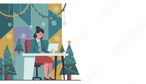 Sad business woman working late in a heavily decorated Christmas office Holiday stress and overwork concept