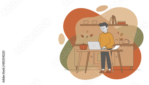 Sad man working remotely at a desk decorated for autumn Seasonal depression and burnout concept