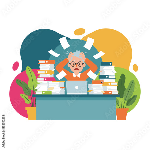 Overworked senior holding head in panic amidst huge stacks of documents and files