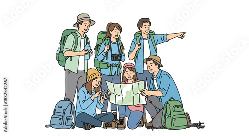 Group of hikers exploring map during outdoor adventure trip.
