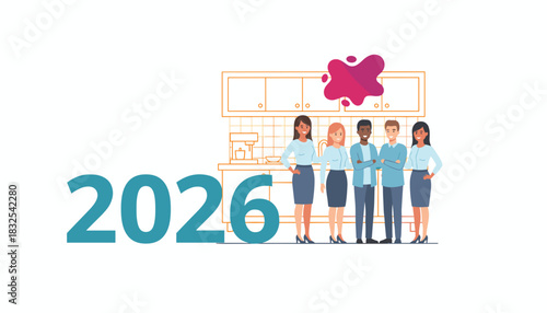 Team of professionals smiling next to the year 2026 in an office kitchen illustration