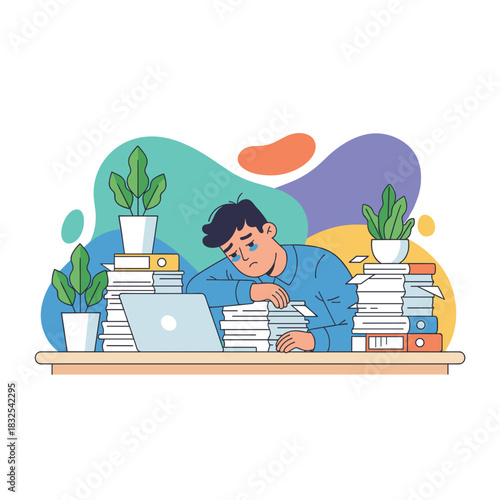 Burnout concept exhausted office worker overwhelmed by endless workload and documents