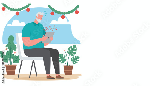 Older man stressed using tablet outdoors digital technology frustration concept