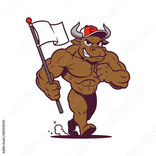 Powerful bull mascot with a baseball cap and a flag ready for victory, perfect for sports teams, branding, and spirited designs with strength and determination