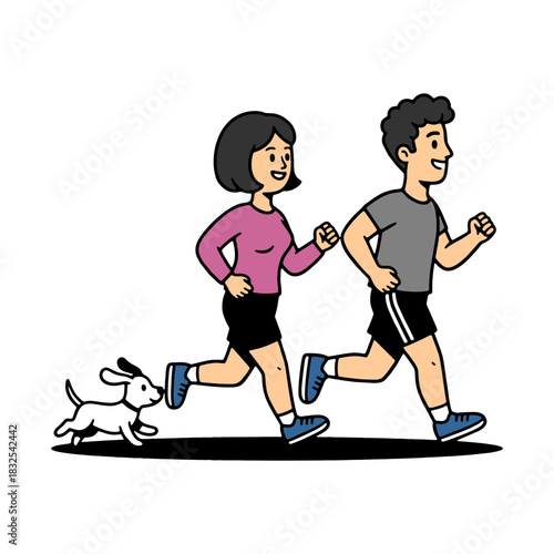 Active couple jogging with their happy dog, embracing a healthy lifestyle with energetic exercise and outdoor fun, perfect for fitness and wellness campaigns