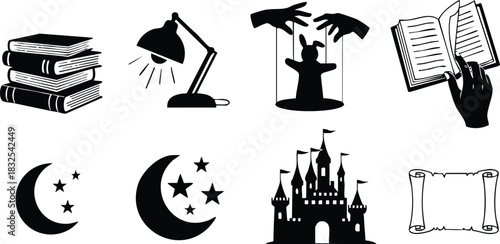 Flat vector art collection of bedtime story icons with books lamp puppet show open book moon stars fairy tale castle and blank scroll in black silhouettes