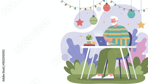 Older man works on laptop in festive outdoor setting enjoying remote freedom