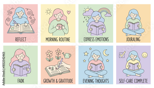 Vector illustration set of women reflecting journaling and practicing selfcare for mental wellness