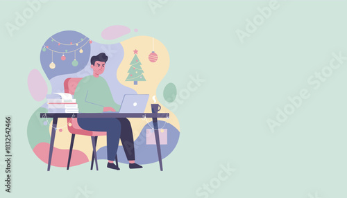 Stressed worker works on laptop next to a Christmas tree illustrating holiday deadline pressure