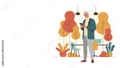 Stylish senior man texting on phone in modern ecofriendly office interior Business and technology