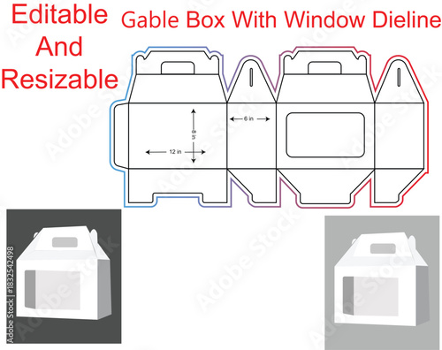 Gable Box With Window Dieline And Resizable Packaging Template die cut