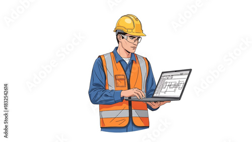 Engineer at construction site using laptop to design and develop a project plan for building structures