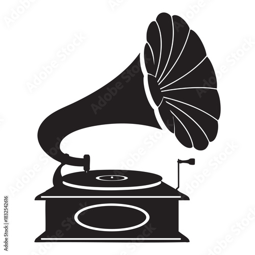 vintage gramophone, gramophone silhouette, antique music player, retro audio device, old phonograph, classic music icon, black silhouette, vintage instrument, retro style illustration, old record play