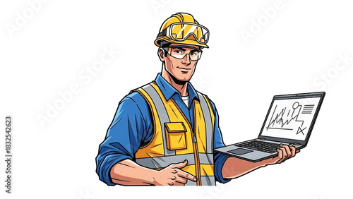 Construction engineer with Laptop Analyzing Project Data, Wearing Hard Hat and Safety Vest