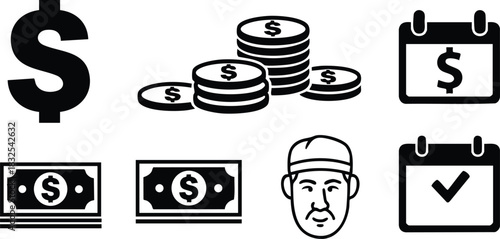 Flat design black money icons with dollar sign coins banknotes wage worker head and calendar reminder symbols on white background for salary payment schedule finance