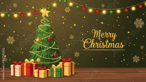 Festive Christmas tree with gifts and string lights conveying holiday cheer, available for seasonal greetings, invitations, and heartwarming designs originally vector