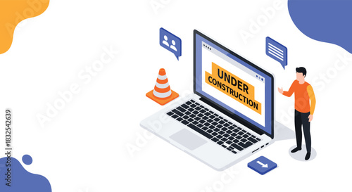 Isometric illustration for a website under construction page, with a man standing next to a laptop displaying a maintenance warning message.