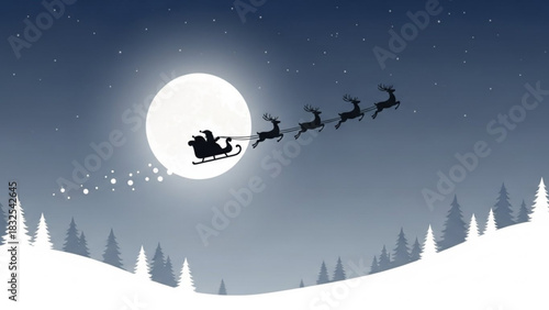 Enchanting Santa's Sleigh Silhouette Flying Across Snowy Winter Landscape Under Moonlight, Spreading Holiday Magic and Joy for Festive Season