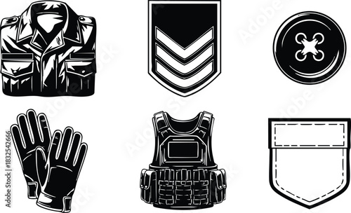 Monochrome vector art set of military jacket tactical vest rank chevron badge gloves button and stitched pocket icons in bold black style