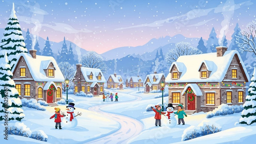 Charming winter village scene with snow-covered cottages and happy children building snowmen, perfect for holiday cards and seasonal promotions, feel the magic