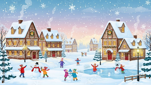 Festive winter scene with children joyfully building snowmen and playing in a charming snow-covered village, creating a happy holiday atmosphere