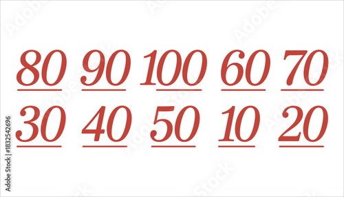 Red numbers 10 to 100 in script font on white background vector