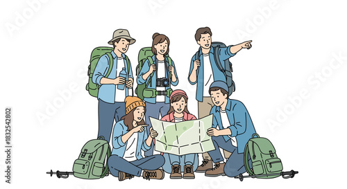 Group of Hikers Planning Route with Map and Backpacks.