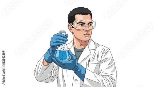 Focused Male Scientist in Lab Coat and Safety Glasses Holding a Conical Flask with Blue Liquid, Engaged in Chemical Experiment