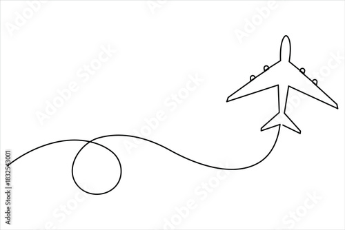 Airplane one continuous line art drawing – Minimalist airplane flight and travel vector illustration design