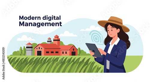 Female farmer in a suit and hat uses a tablet for modern digital management on a smart farm with a red barn in the background.