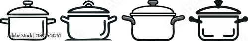 Cooking pot icon drawn in bold minimal line art representing kitchen cookware culinary preparation and food concepts
