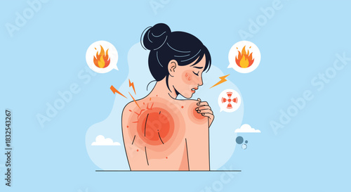Woman suffering from severe back and shoulder pain, shown with red inflammation, muscle tension, and burning sensation icons.