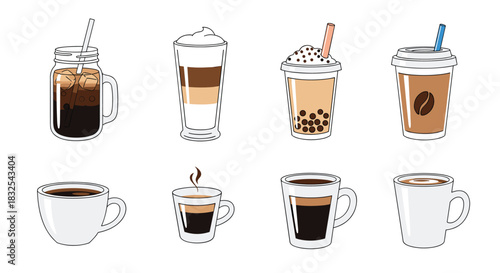 Collection of various coffee and tea drinks in different cups and glasses, including iced coffee, latte, and bubble tea icons.