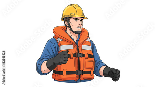 Cartoon illustration of a construction worker wearing a safety vest and helmet with a determined expression