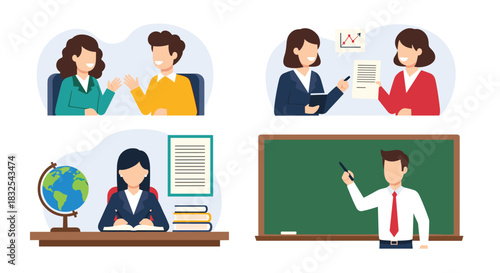 Set of four scenes depicting teachers and educators in various settings like classrooms, discussions, and at a desk with a globe.