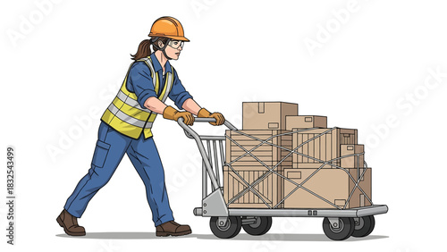 Worker Pushing a Cart Full of Boxes Vector Illustration