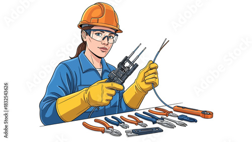 Skilled female electrician meticulously strips wires with professional tools, showcasing precision and expertise in electrical installation and maintenance