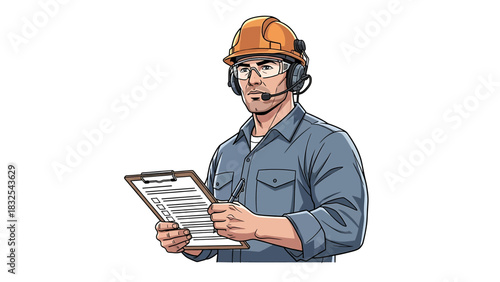 Illustration of an industrial worker with a hard hat and clipboard, representing a worksite management and safety concept