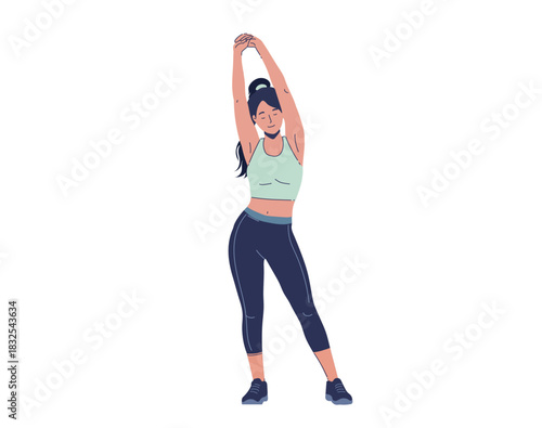 Woman stretching. Fitness workout, yoga and pilates pose. Morning training and activity. Healthy girl doing physical exercise, warming up. Flat vector illustration isolated on white background