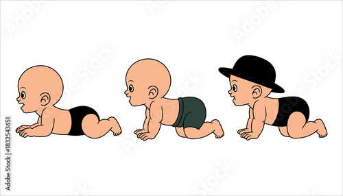 Three cartoon babies crawling in a line with different clothing baby infant